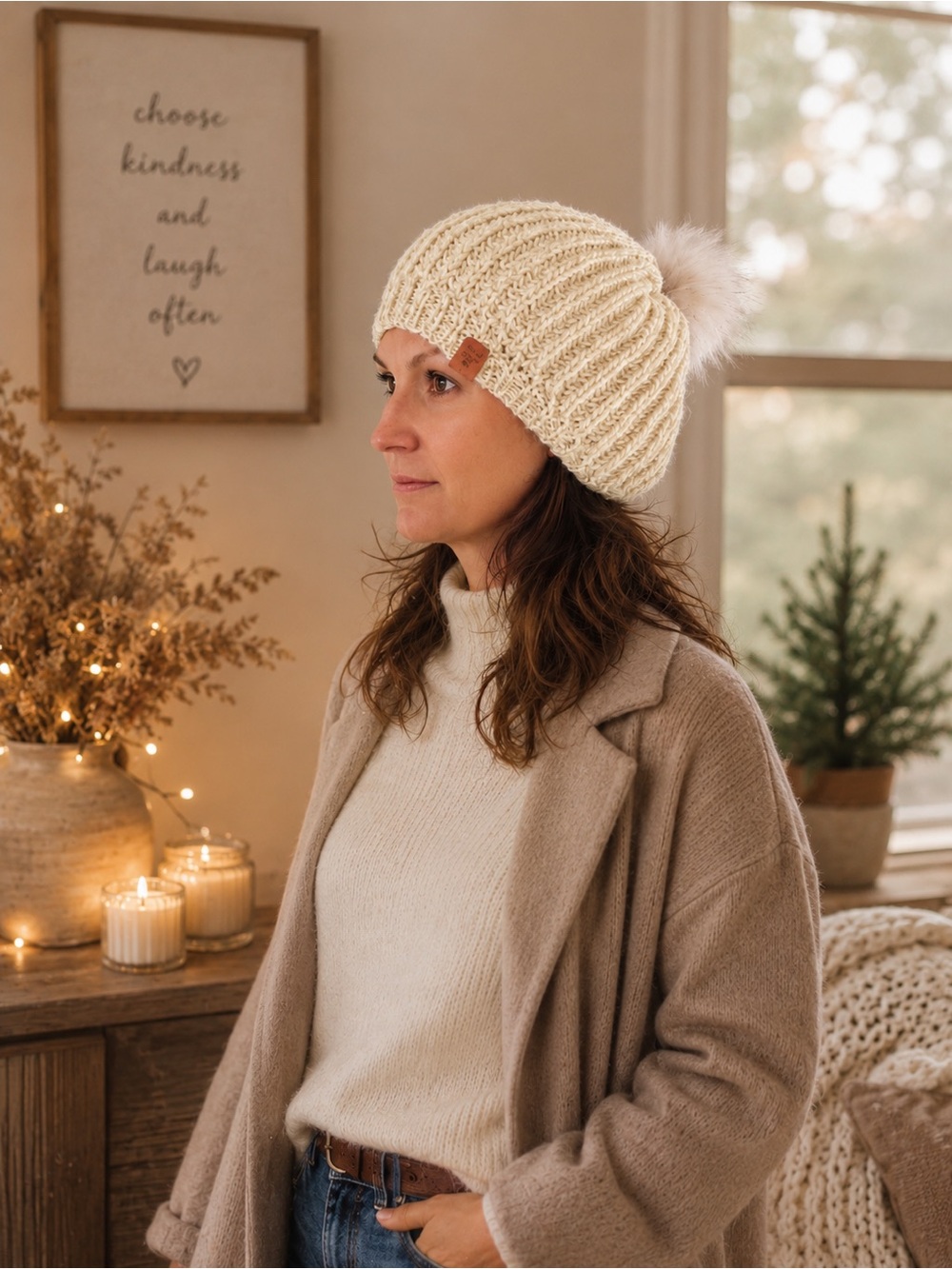 Cozy Cream Ribbed Pom Beanie - Stylish Winter Hat